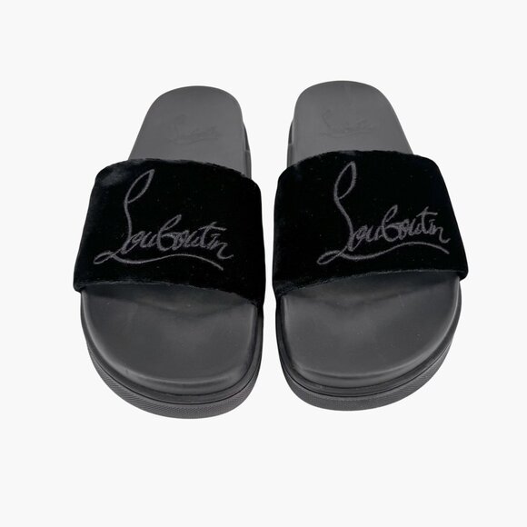 Christian Louboutin 'Navy Pool' Slide Sandals Size 37 US 7 Black Velvet Logo - Picture 2 of 12